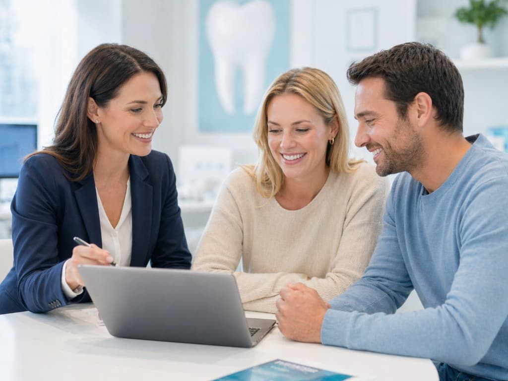 Persönliche Beratung: Expertin und Paar am Laptop in der Zahnarztpraxis