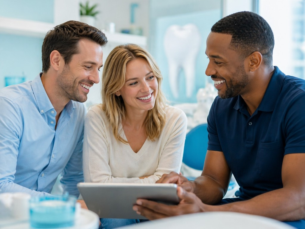 Drei zufriedene Menschen mit strahlendem Lächeln – Zahnzusatzversicherung und Zahngesundheit